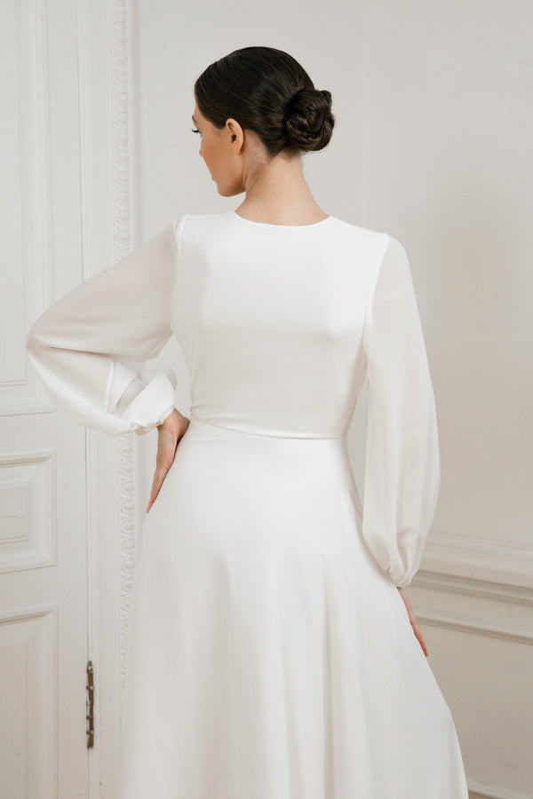 Crepe wedding dress • long sleeve • deep V-neckline • wrap style • romantic and sexy silhouette •
