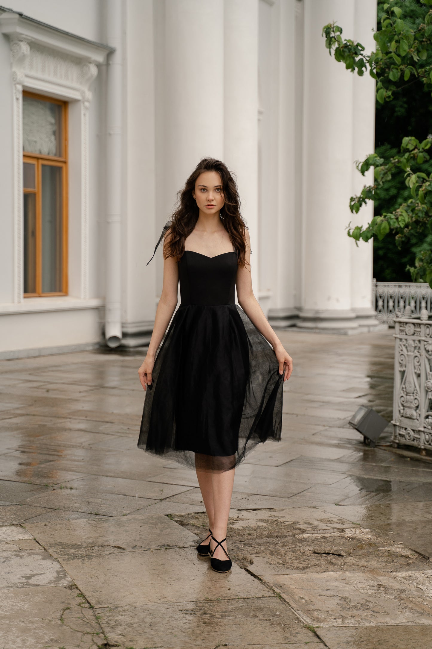 Short wedding dress, black wedding dress, reception dress, midi wedding dress, adjustable bows on shoulders, casual wedding dress