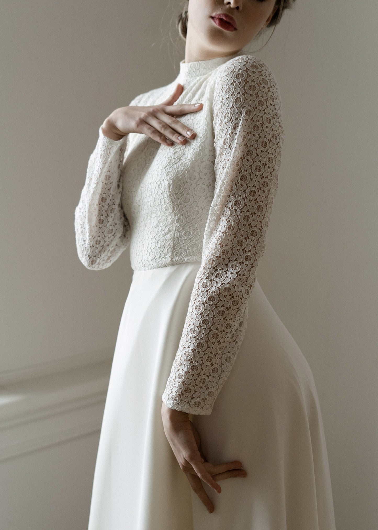 Modest wedding dress • winter wedding dress • long sleeve wedding dress • simple wedding dress • lace wedding dress • elegant minimalist bridal gown