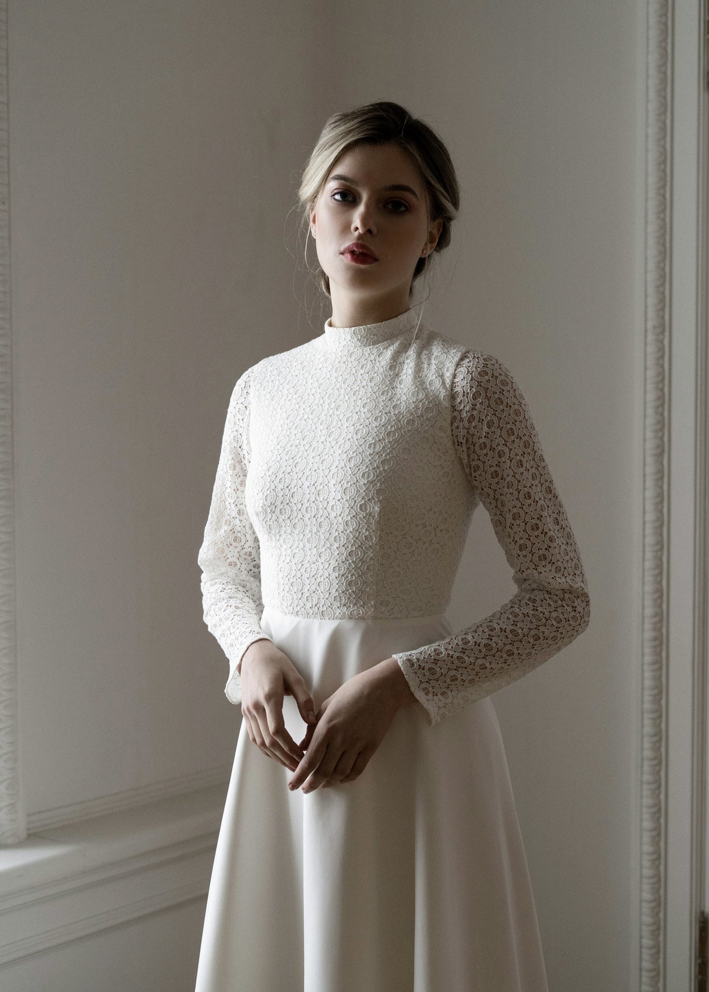 Modest wedding dress • winter wedding dress • long sleeve wedding dress • simple wedding dress • lace wedding dress • elegant minimalist bridal gown