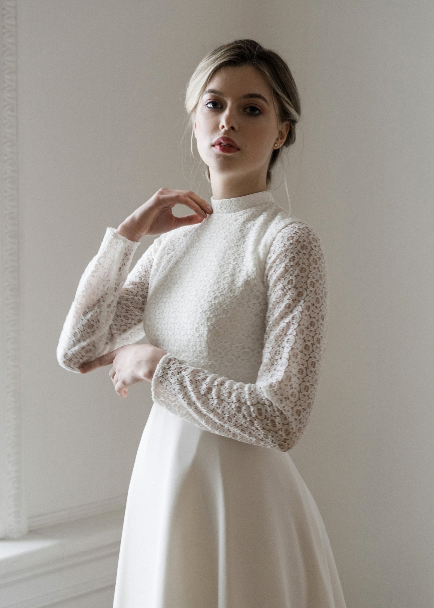 Modest wedding dress • winter wedding dress • long sleeve wedding dress • simple wedding dress • lace wedding dress • elegant minimalist bridal gown