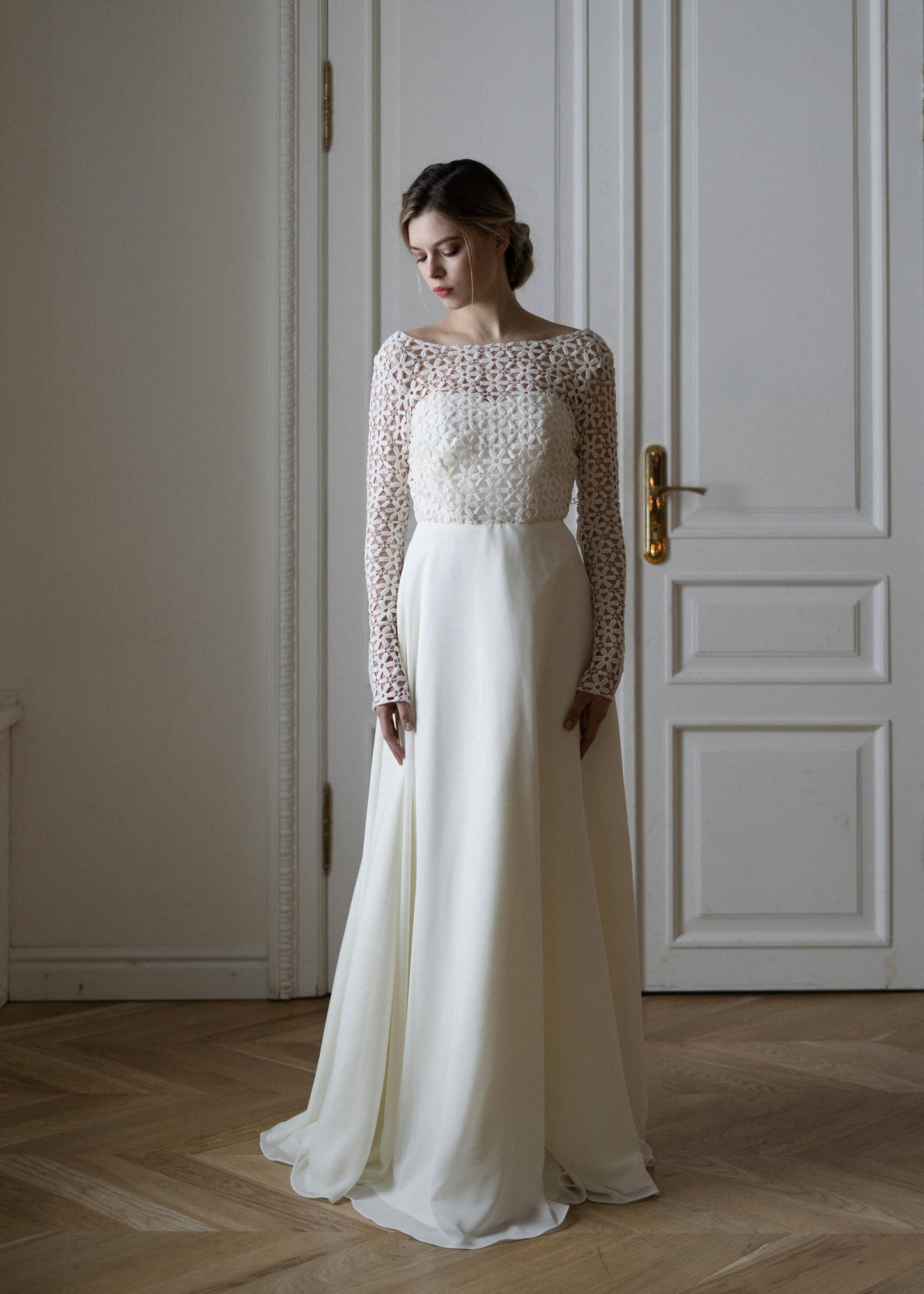 Simple wedding dress • long sleeve wedding dress • boho wedding dress • chiffon wedding dress • elegant bridal gown • lace wedding dress