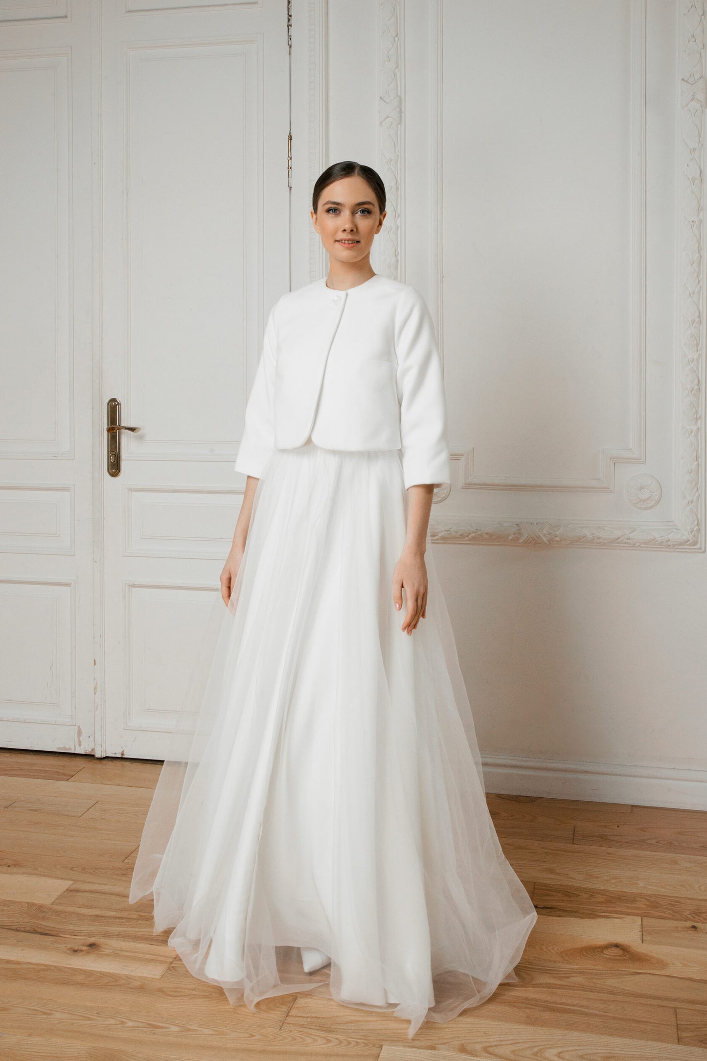 Wedding jacket with classic style. Bridal coat for wedding dress