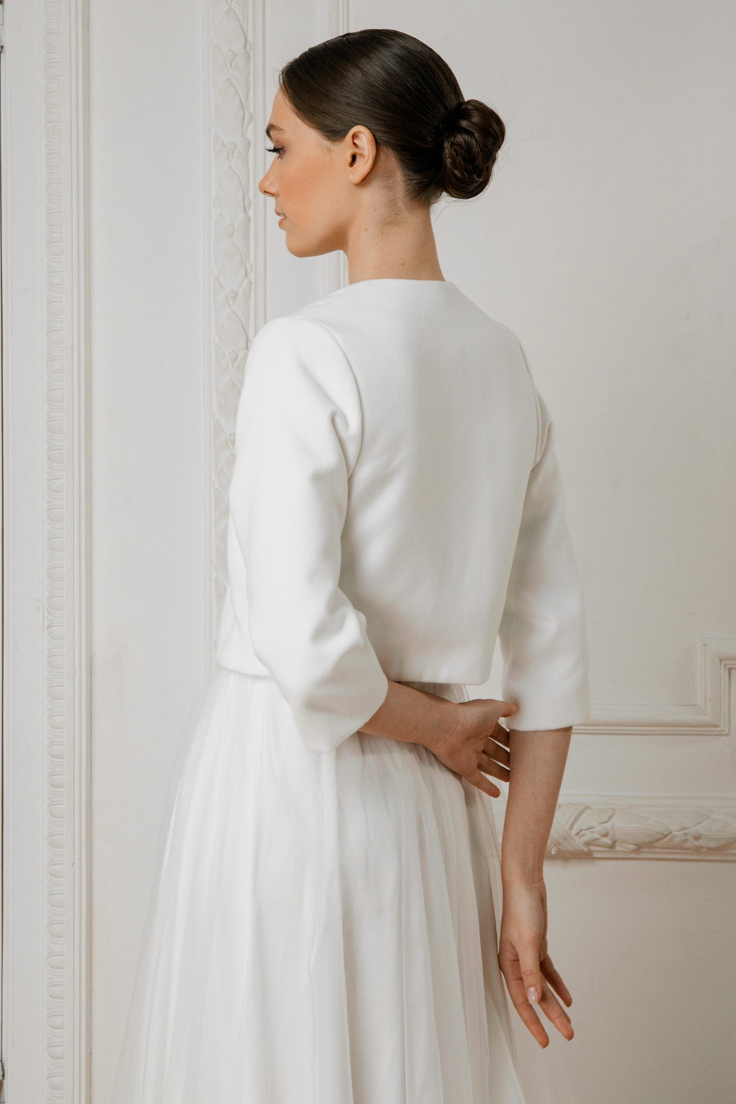 Wedding jacket with classic style. Bridal coat for wedding dress