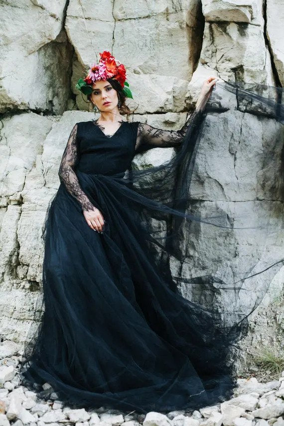 Black wedding dress • gothic dress • lace wedding dress • long sleeve dress • casual wedding dress • boho wedding dress • evening dress