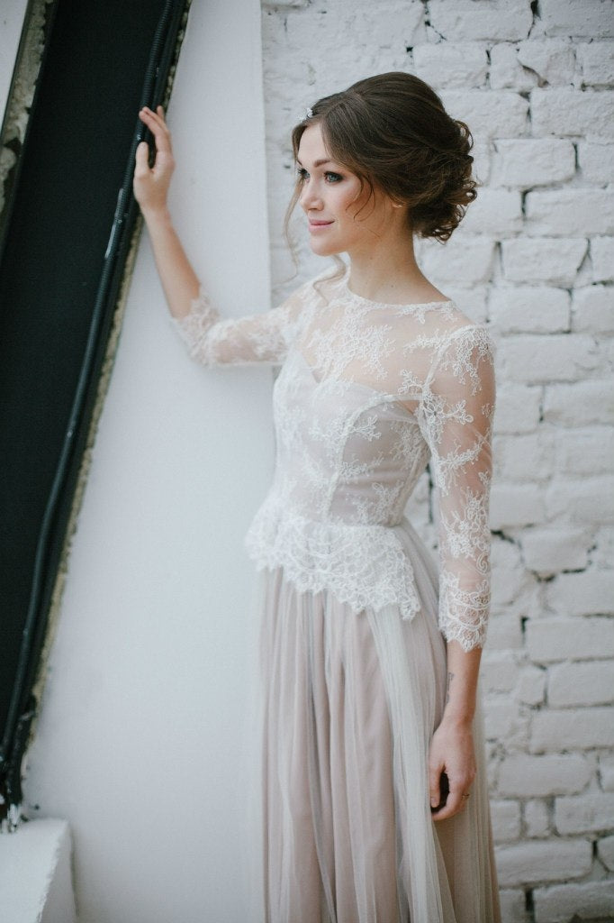 Long sleeve wedding dress • tulle wedding dress • french lace wedding dress • classic wedding dress • simple wedding dress • bridal gown