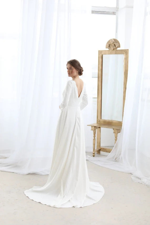Open back wedding dress with train • minimalist wedding dress • classic wedding dress • boho wedding dress • long sleeve wedding dress