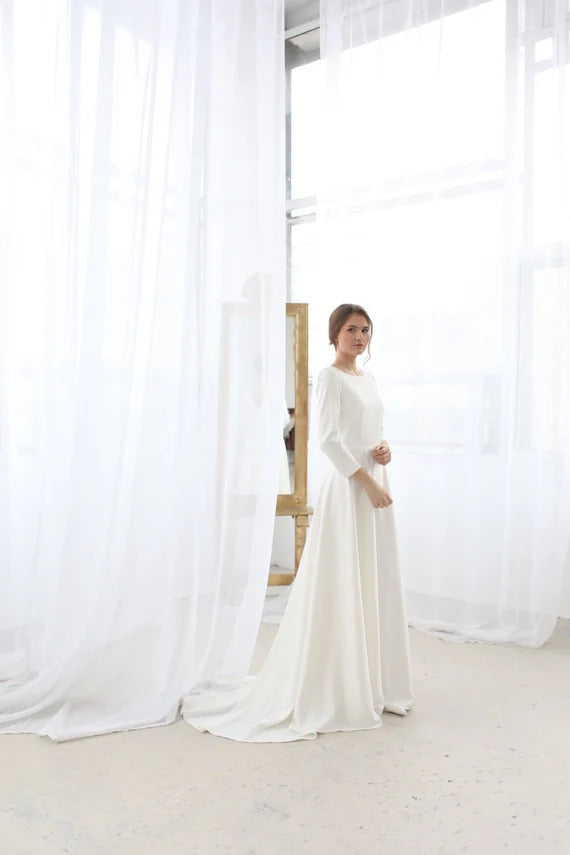 Open back wedding dress with train • minimalist wedding dress • classic wedding dress • boho wedding dress • long sleeve wedding dress