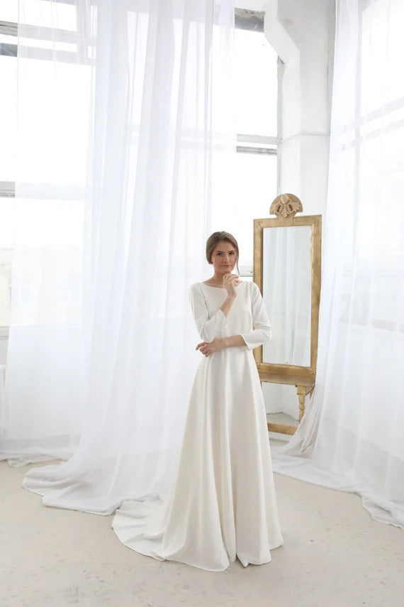 Open back wedding dress with train • minimalist wedding dress • classic wedding dress • boho wedding dress • long sleeve wedding dress