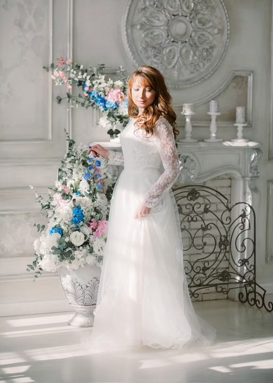 Lace wedding dress • simple wedding dress • modest bridal gown • long sleeve wedding dress • minimalist wedding dress • boho wedding dress