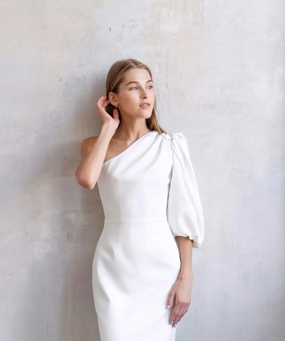 Simple wedding dress • long sleeve wedding dress • short midi star wedding dress • off the shoulder wedding dress • rehearsal dinner dress