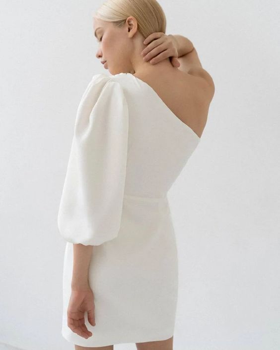 Simple wedding dress • long sleeve wedding dress • short midi star wedding dress • off the shoulder wedding dress • rehearsal dinner dress