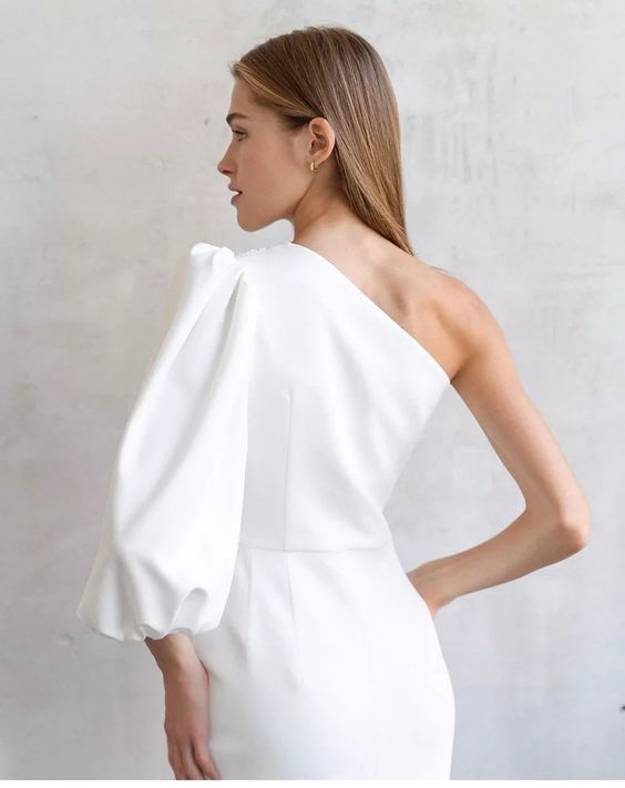 Simple wedding dress • long sleeve wedding dress • short midi star wedding dress • off the shoulder wedding dress • rehearsal dinner dress