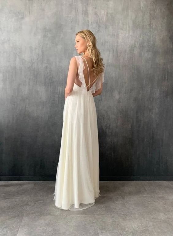 Lace wedding dress • simple wedding dress • minimalist wedding dress • open back wedding dress • chiffon wedding dress • boho wedding dress