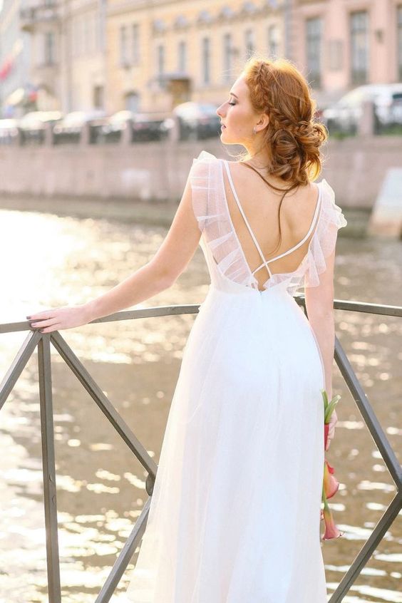 Lace wedding dress • simple wedding dress • minimalist wedding dress • open back wedding dress • chiffon wedding dress • boho wedding dress