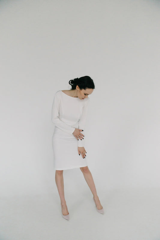 Simple wedding dress • midi wedding dress • tight wedding dress • short wedding dress • long sleeve wedding dress • open back wedding dress