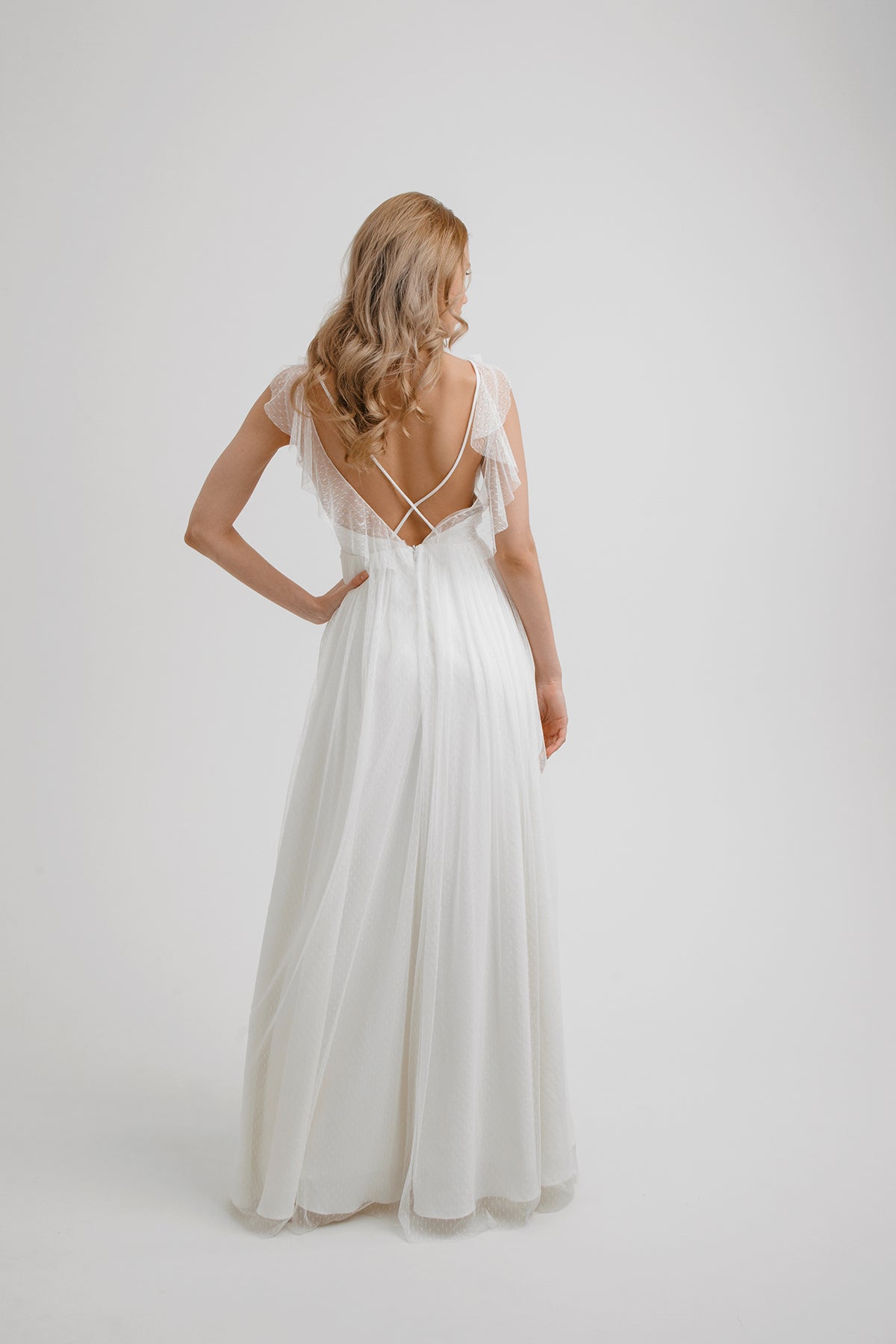 Lace wedding dress • simple wedding dress • minimalist wedding dress • open back wedding dress • chiffon wedding dress • boho wedding dress