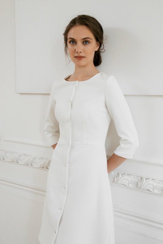 Short wedding dress • long sleeve wedding dress • midi wedding dress • minimalist wedding dress • rehearsal dinner • civil wedding dress
