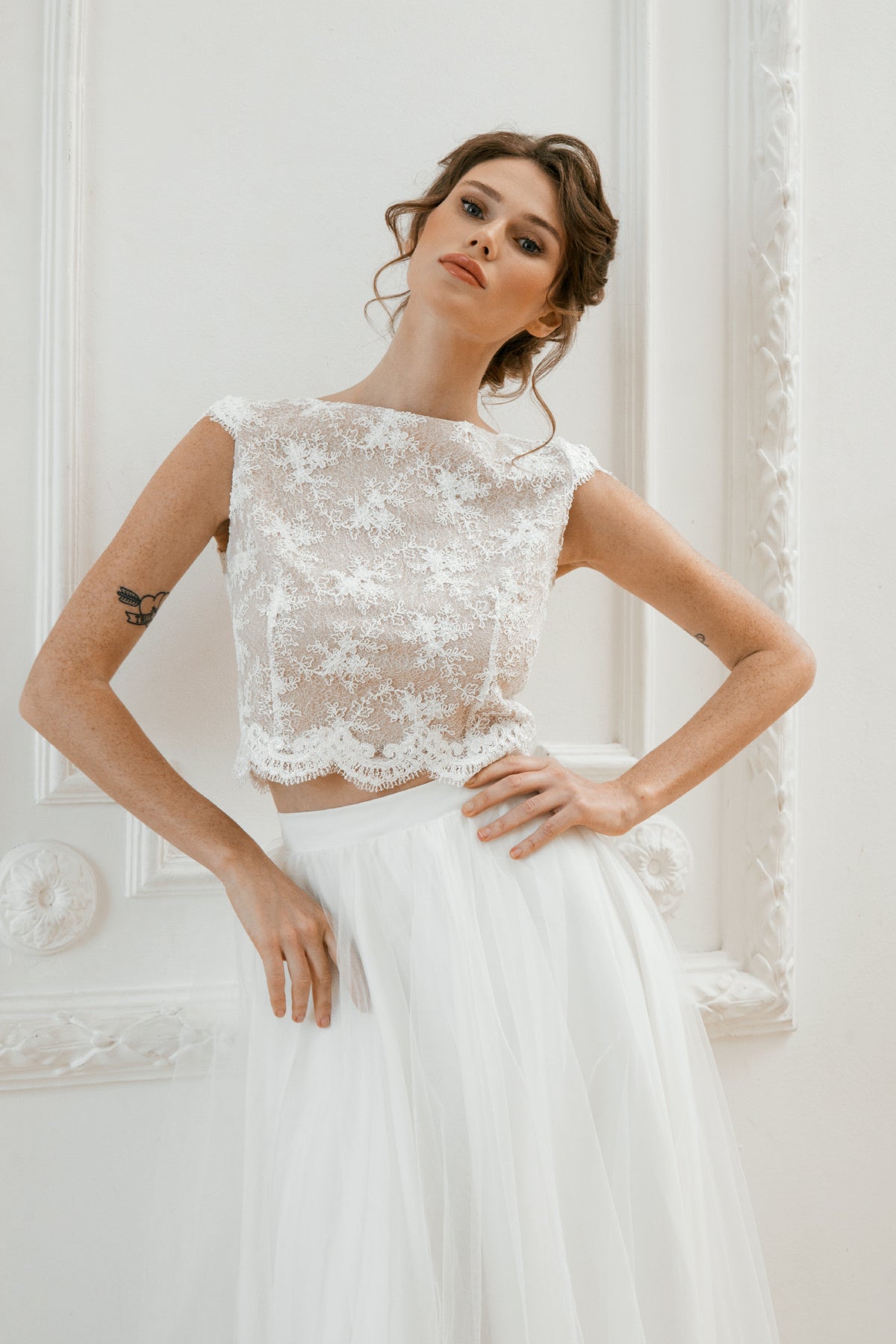 Lace crop top wedding dress • two piece bridal gown • alternative party dress