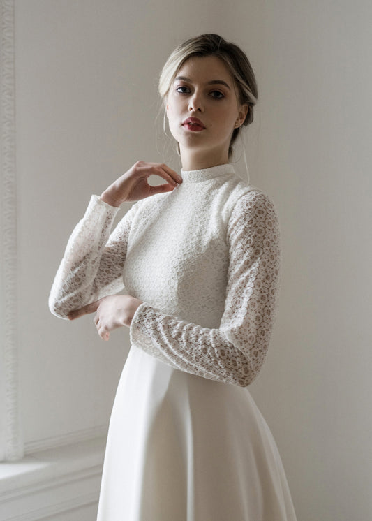 Modest wedding dress • winter wedding dress • long sleeve wedding dress • simple wedding dress • lace wedding dress • elegant minimalist bridal gown