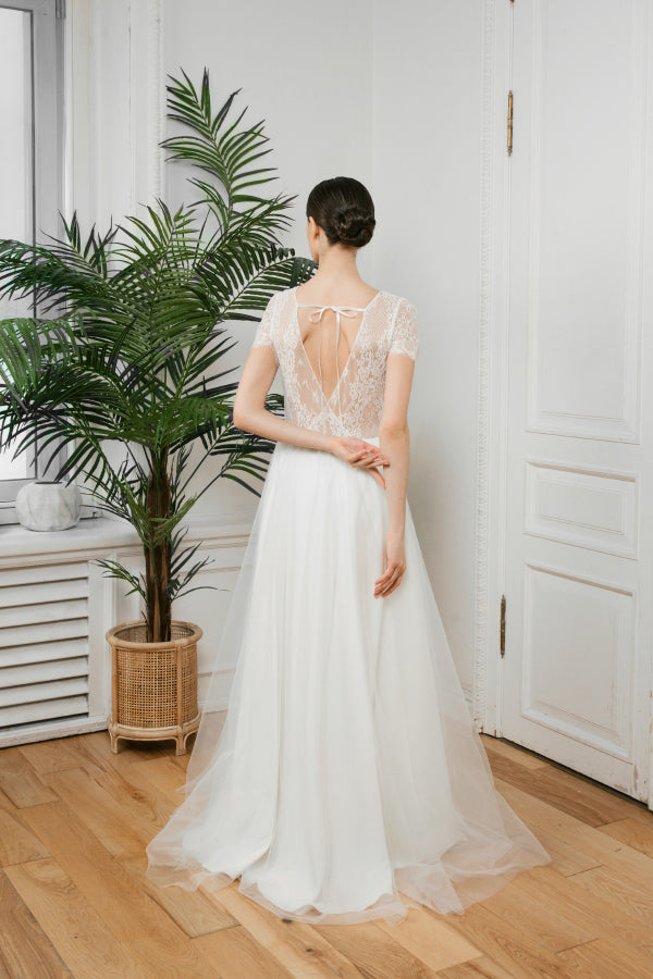 Adele lace wedding dress full-length back view with ribbon bow tie