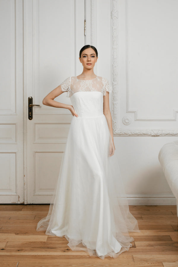 Adele wedding dress, front view with lace top and soft tulle skirt
