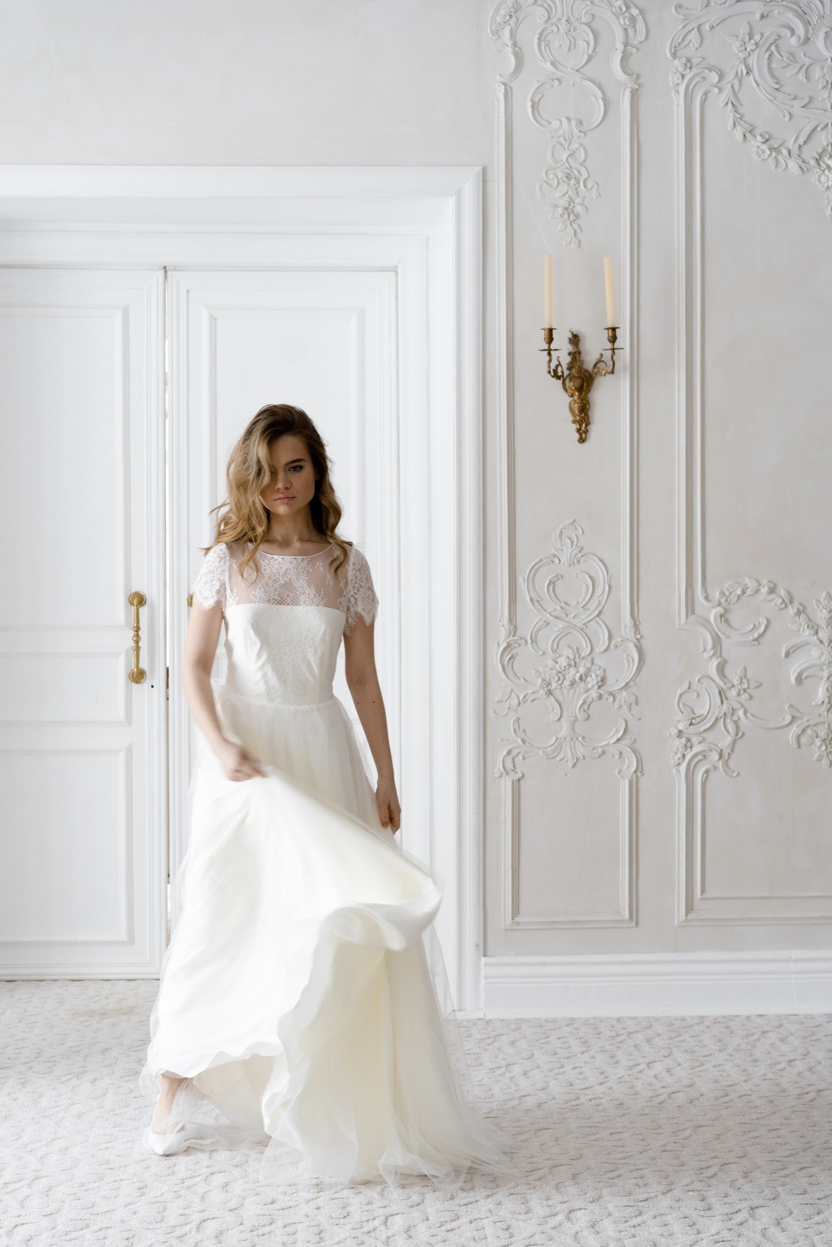 Adele wedding dress with tulle skirt in motion, full length