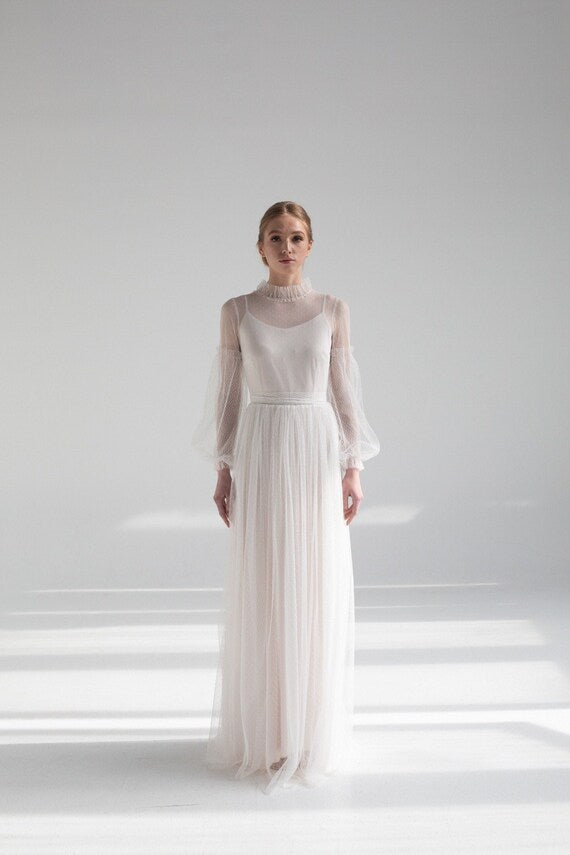 Full-length front view of Aglaya floor-length dotted-tulle wedding dress