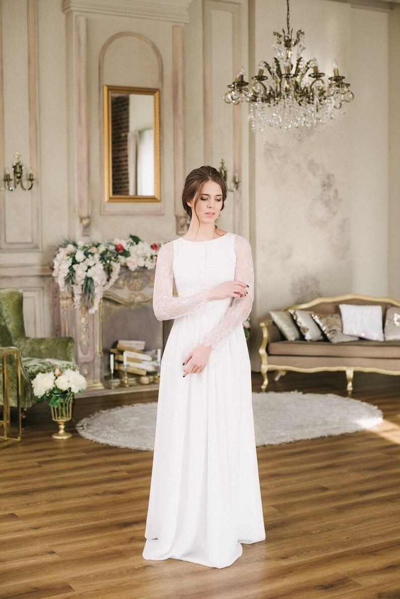 Anna lace sleeve wedding dress, full front view
