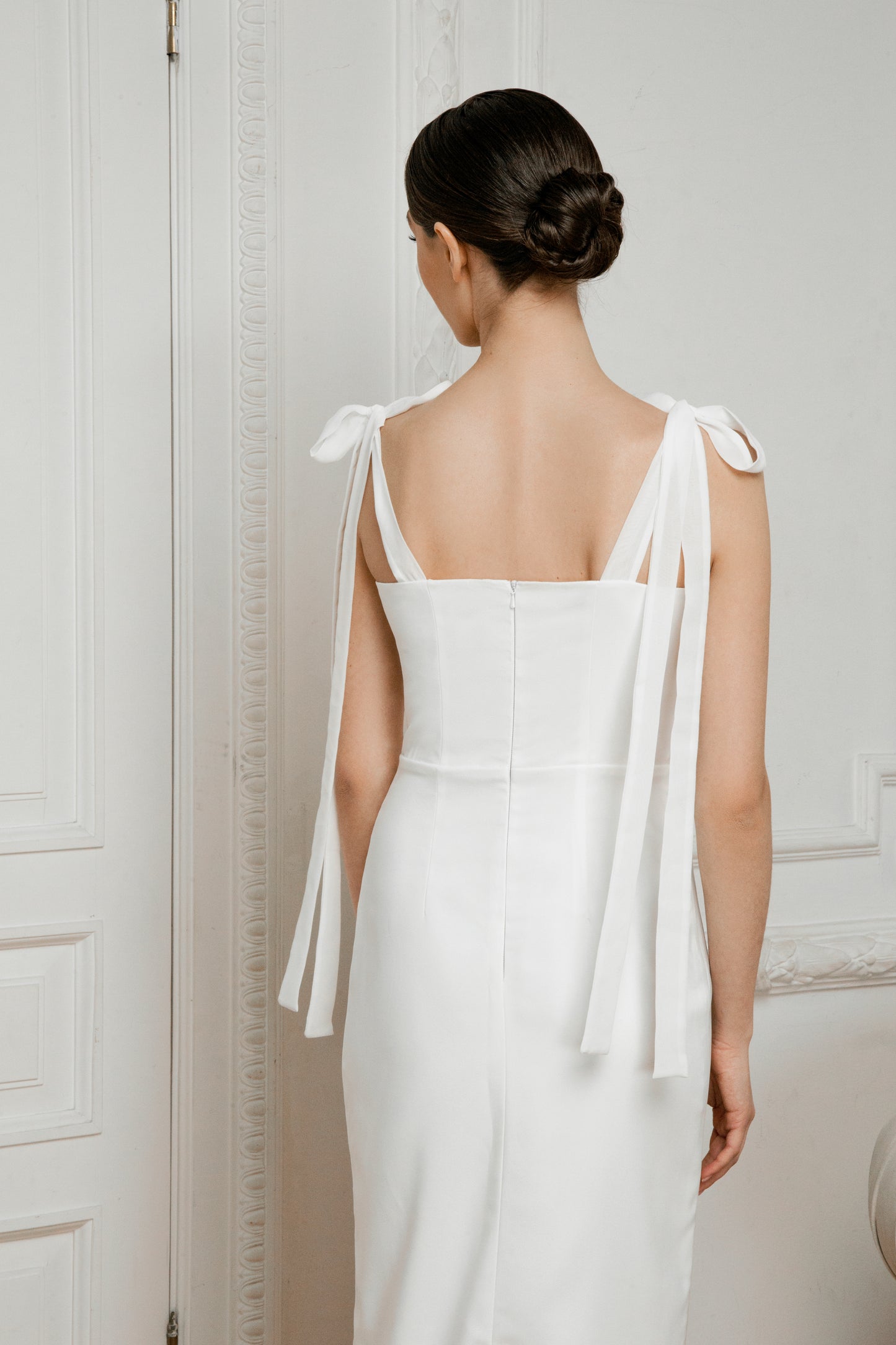 Back detail of Ariel midi wedding dress showing bow ties at the shoulders
