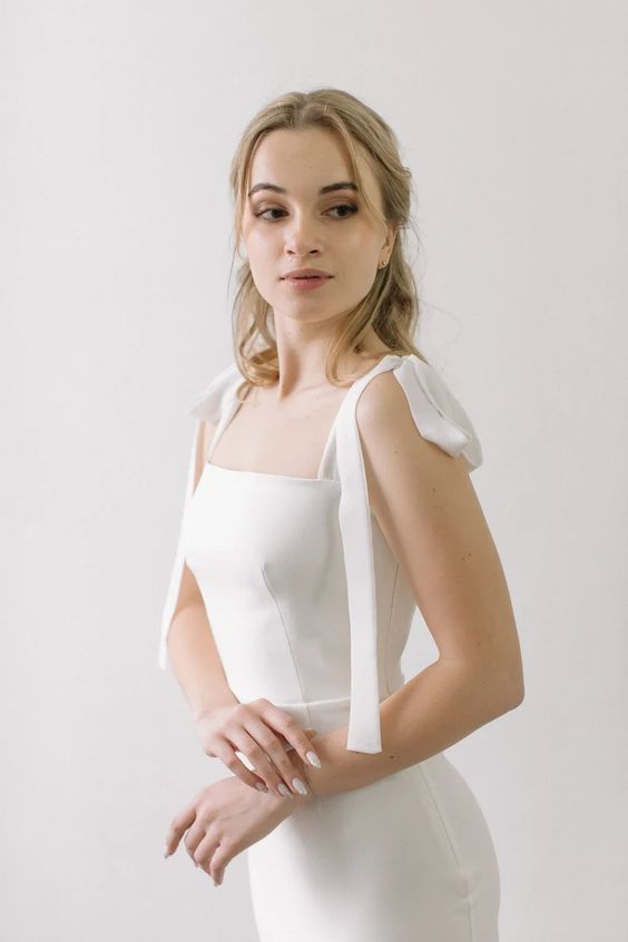 Ariel crepe wedding dress shoulder detail with ribbon-tie bow
