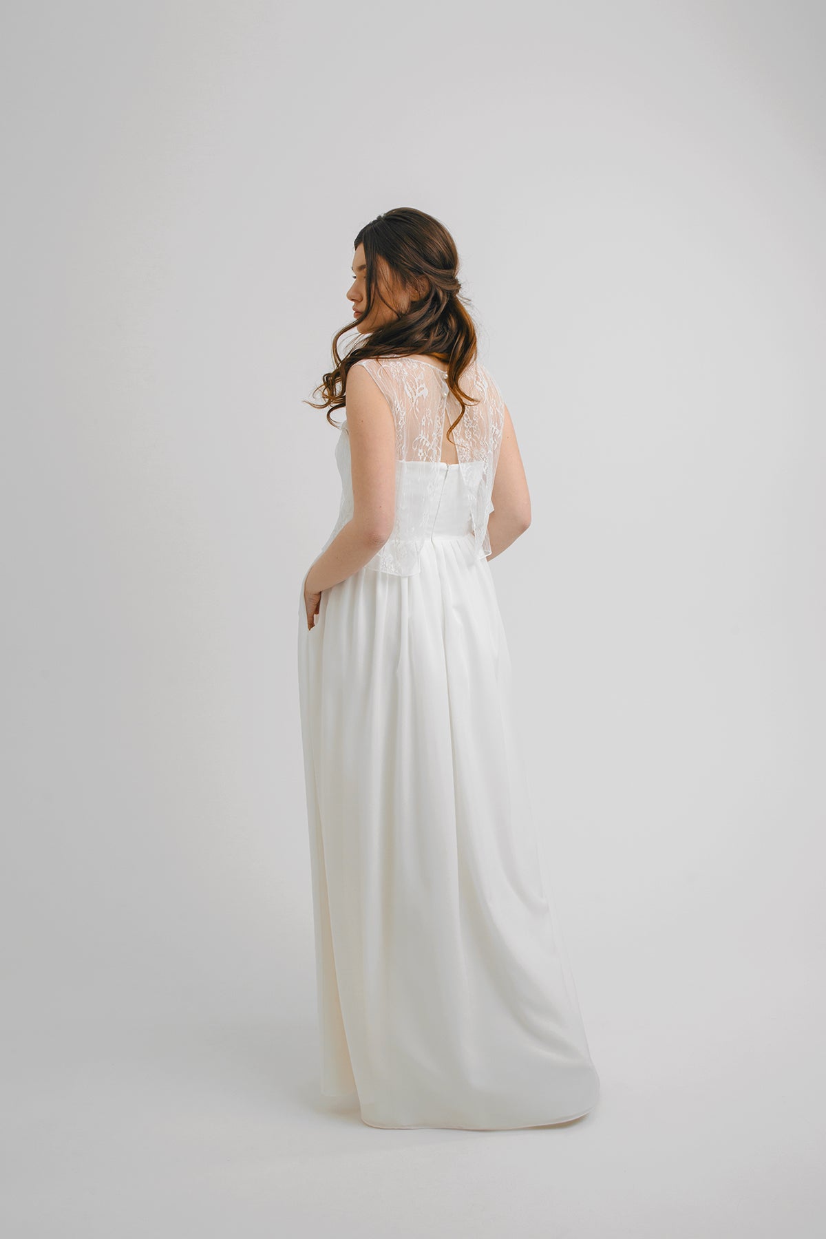 Aurora crepe wedding dress back view with full A-line skirt