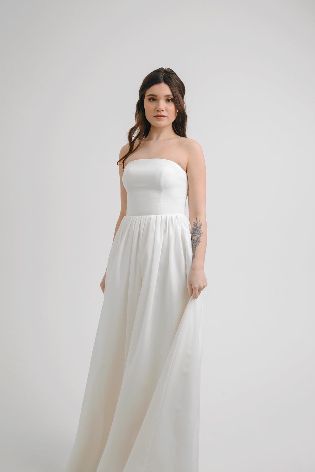 Aurora wedding dress bodice and full crepe skirt, front view
