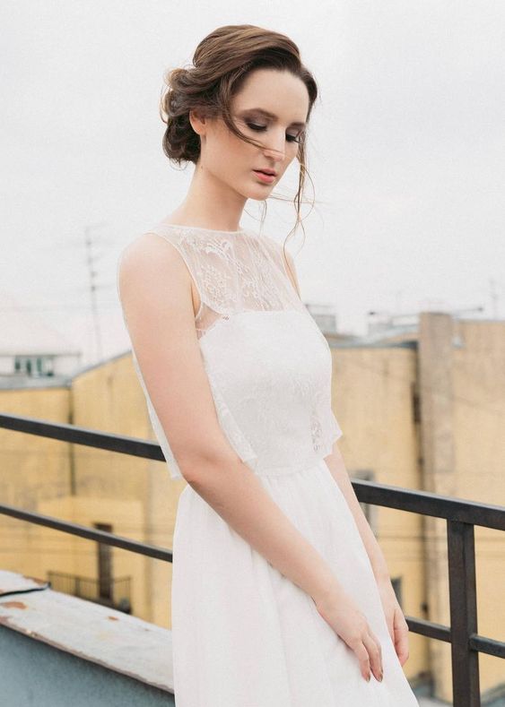 Aurora wedding dress lace yoke detail, side view
