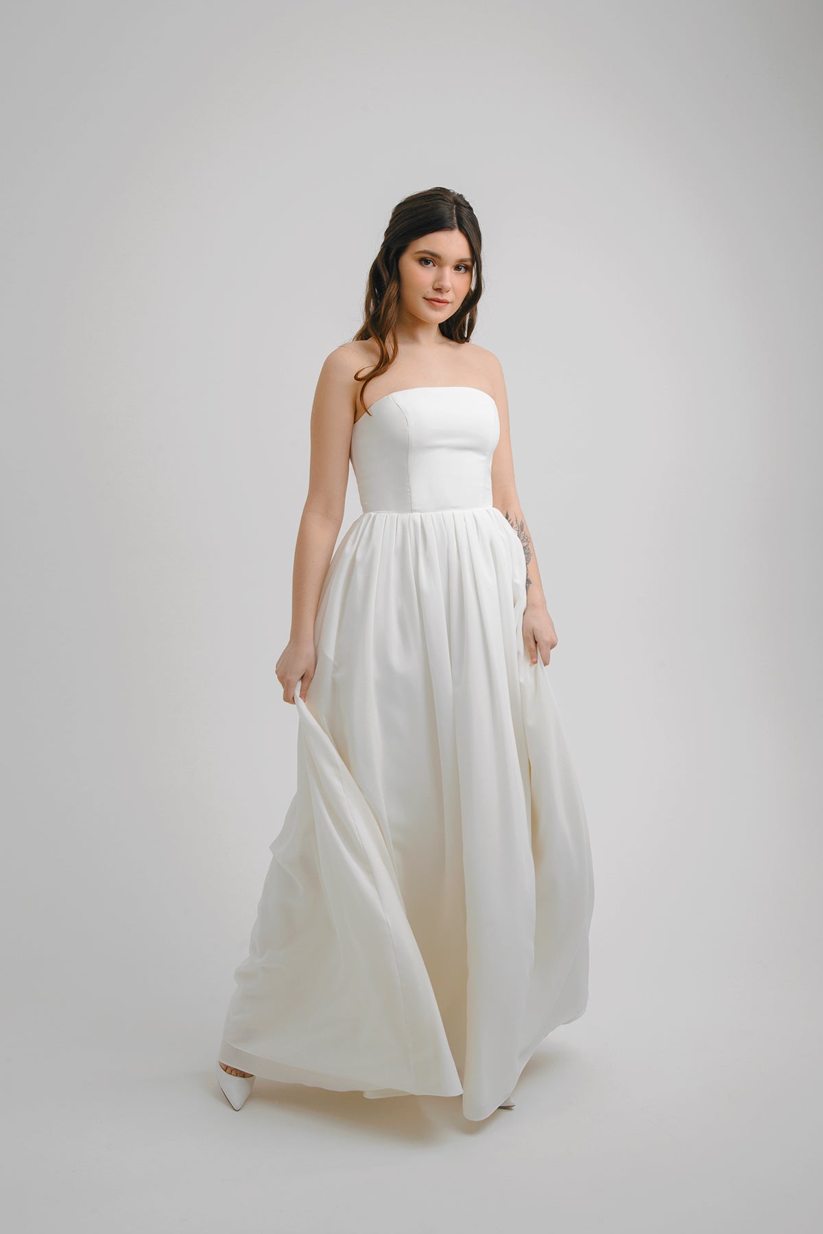 Aurora wedding dress showing the movement of the crepe skirt