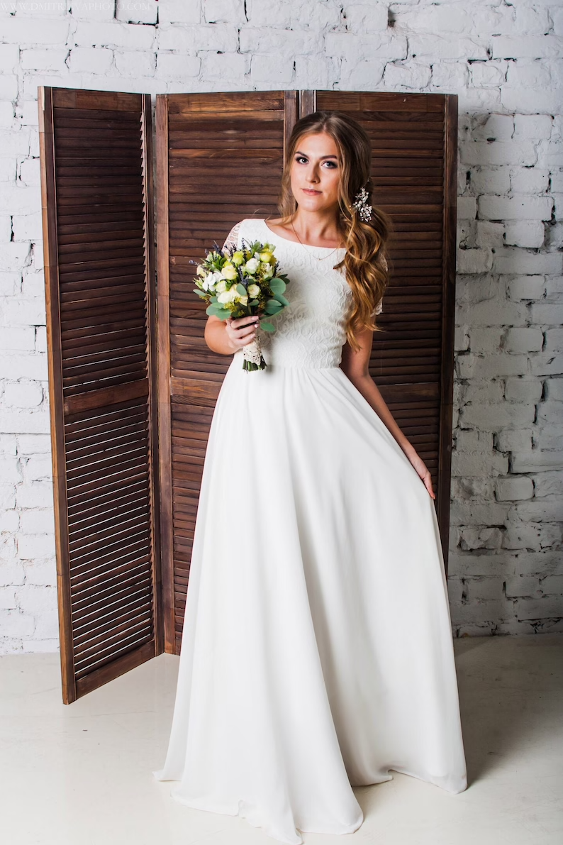 Camille wedding dress front view — lace bodice and chiffon skirt