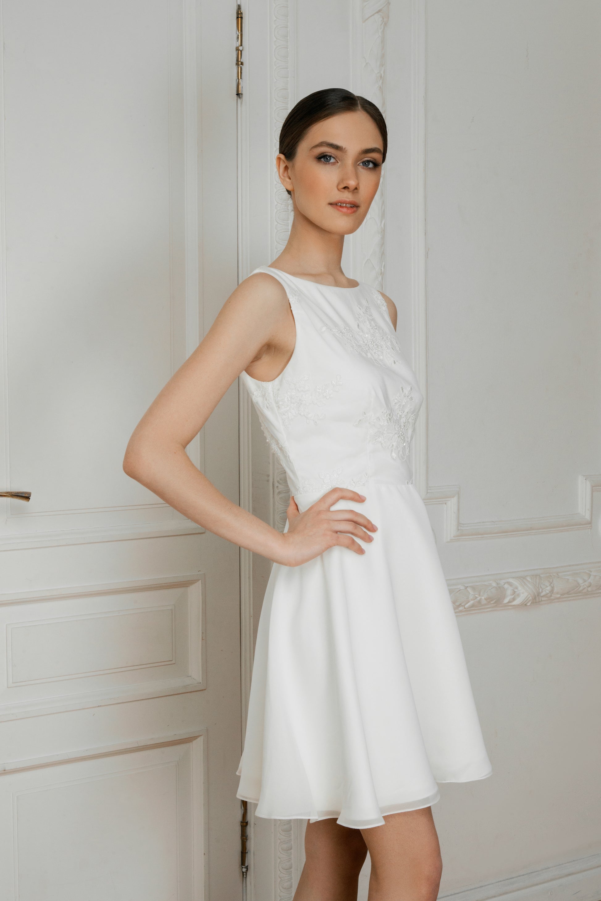 Caroline short crepe wedding dress front view with floral lace at the waist