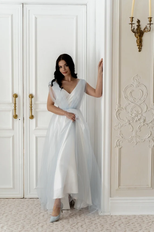 Ciel powder-blue tulle A-line wedding dress, front view with V-neckline
