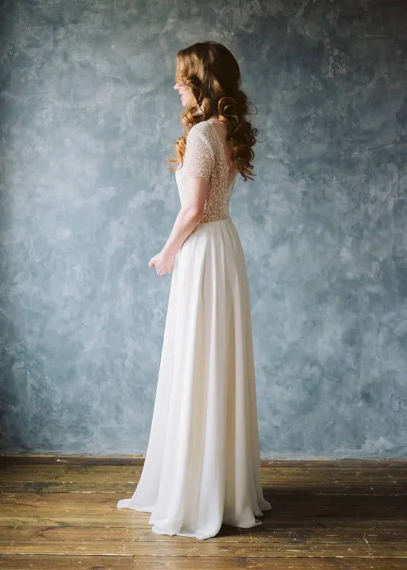 Side view of Crème Brûlée lace wedding dress with chiffon skirt, full length
