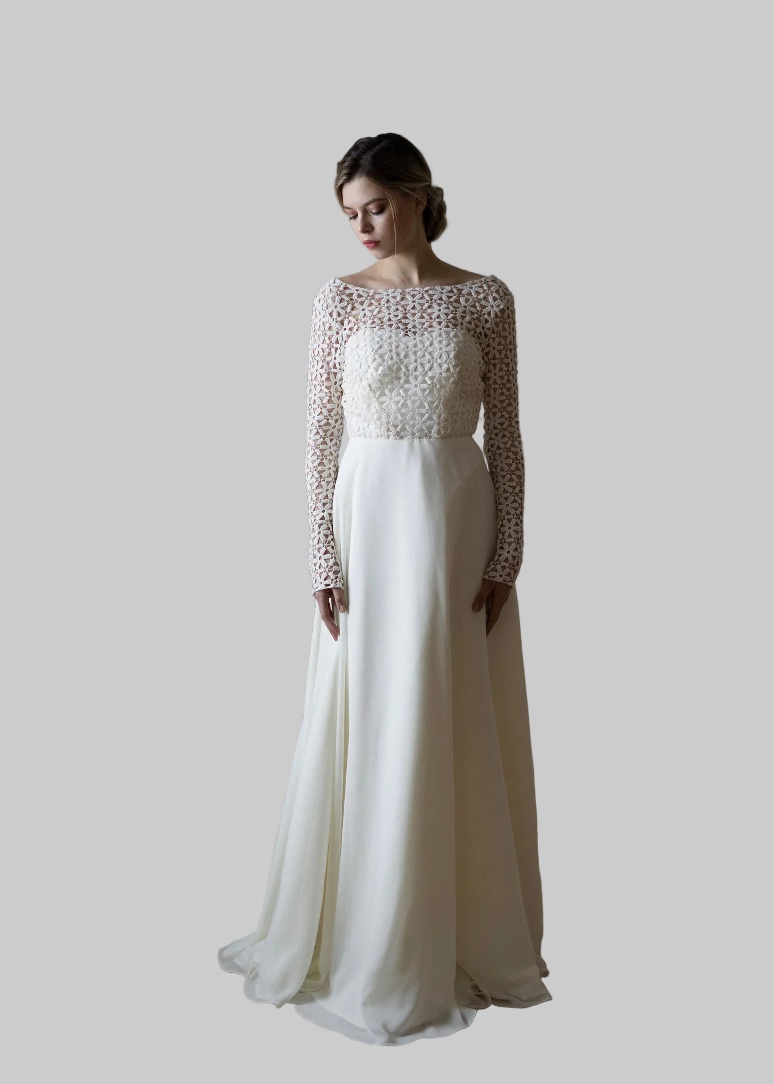 Creme Flowers wedding dress, front view with floral crochet lace top and long sleeves