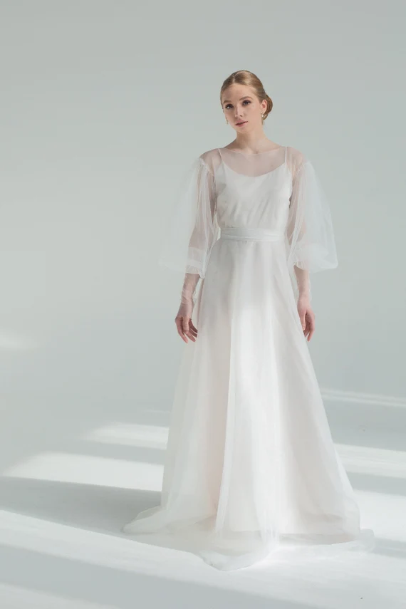 Kosmea wedding dress, full front view with sheer tulle overlayer