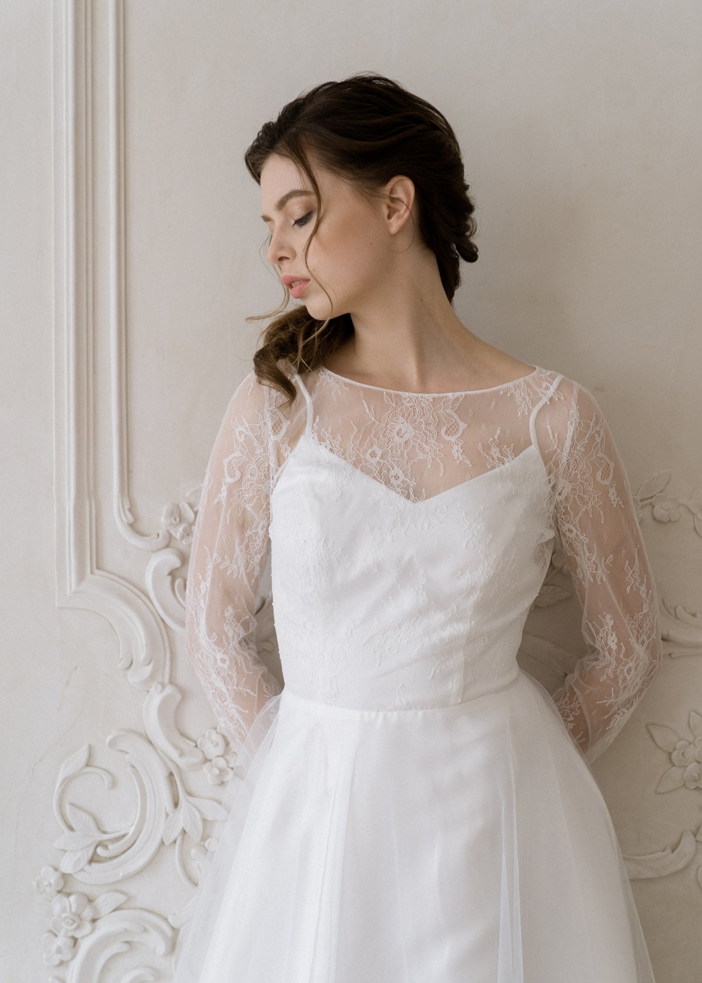 Josephine wedding dress bodice showing fine floral lace over satin

