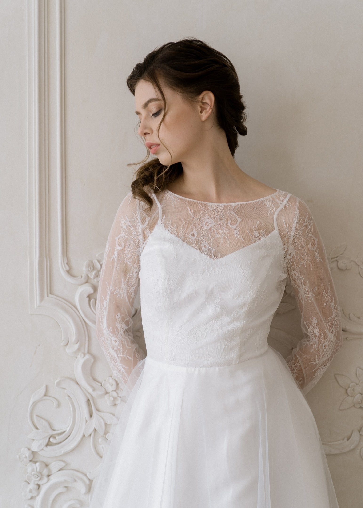 Josephine wedding dress bodice showing fine floral lace over satin

