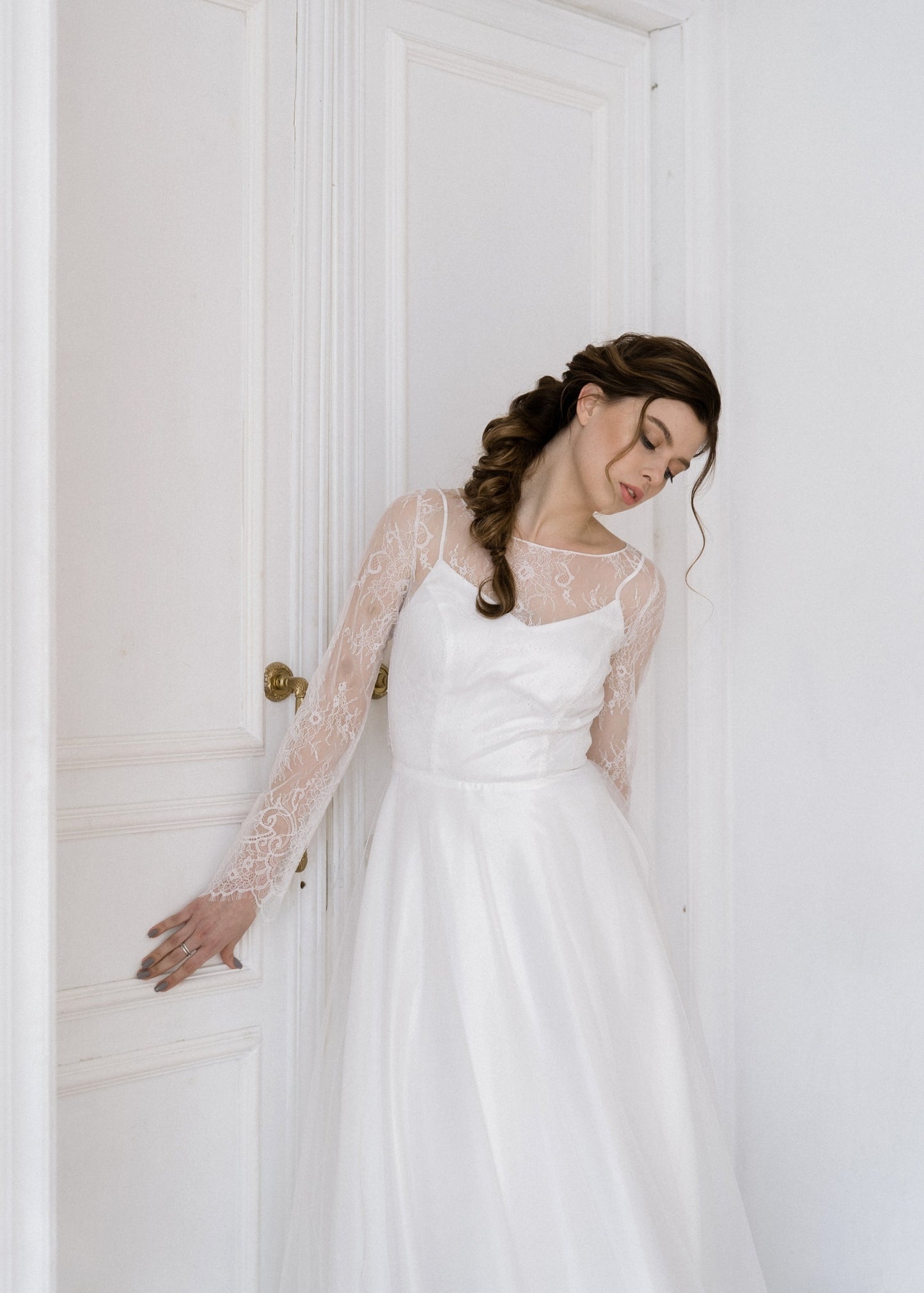 Josephine lace wedding dress front detail with camisole slip neckline
