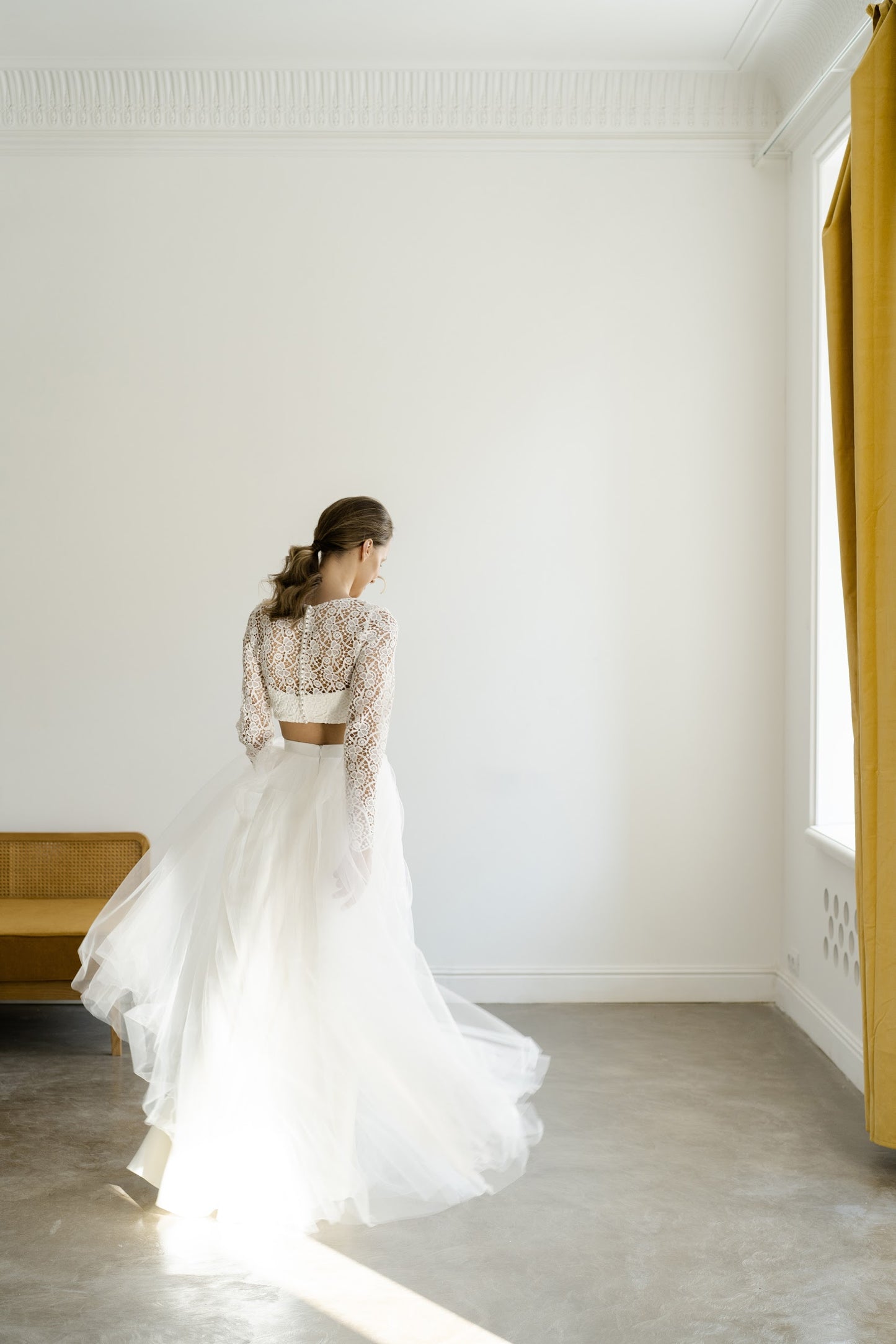 Margaux bridal two-piece, back view, full length
