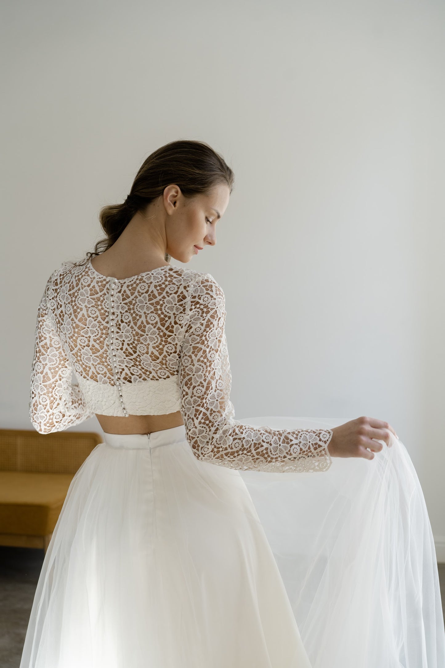 Back of Margaux two-piece showing lace top and tulle skirt
