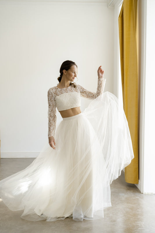 Margaux bridal two-piece with lace crop top and full tulle skirt, front view