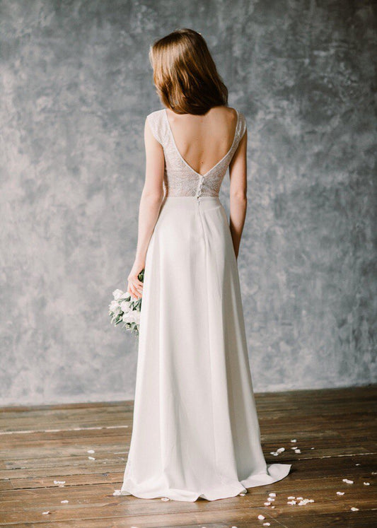 Back view of Moonlight vintage lace wedding dress with low V-back and chiffon skirt