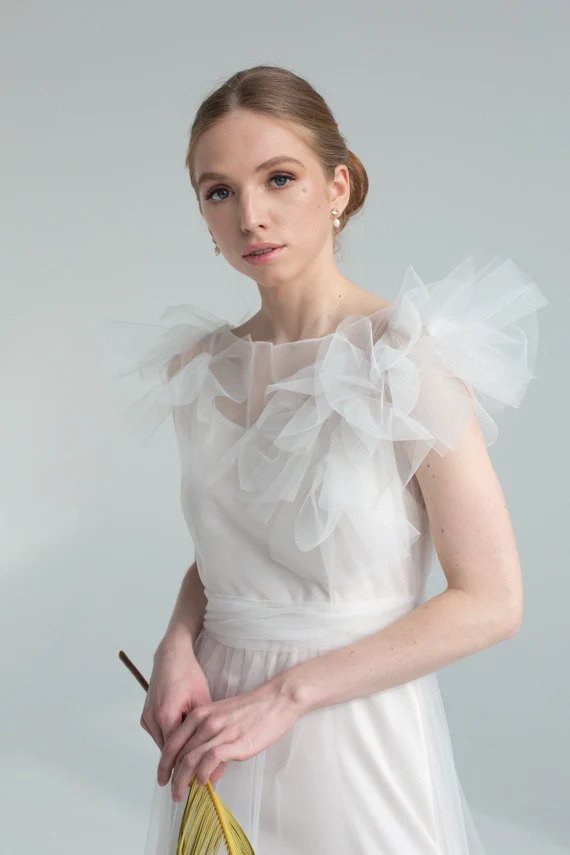 Nicole wedding dress bodice with layered tulle ruffles at the neckline