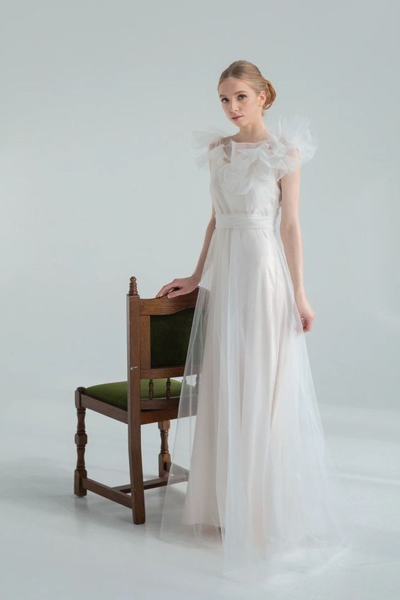 Nicole tulle wedding dress full length, showing soft A-line skirt and defined waist